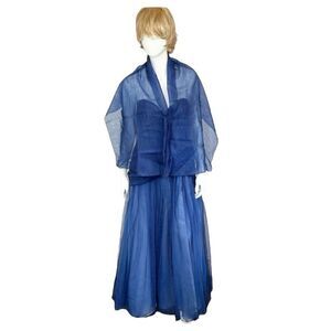 Zola Keller Blue Strapless Silk Tulle Designer Maxi Gown Dress Matching Scarf XS